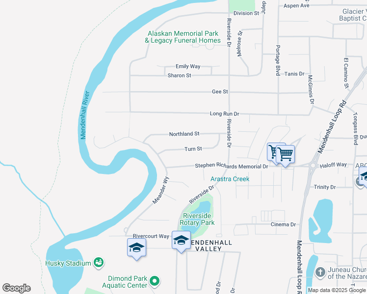 map of restaurants, bars, coffee shops, grocery stores, and more near 9348 Turn Street in Juneau