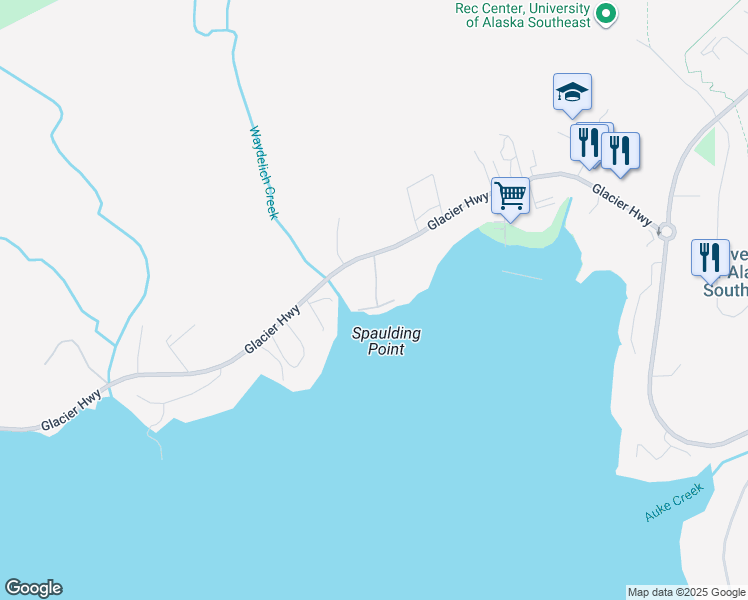 map of restaurants, bars, coffee shops, grocery stores, and more near 12175 Glacier Highway in Juneau