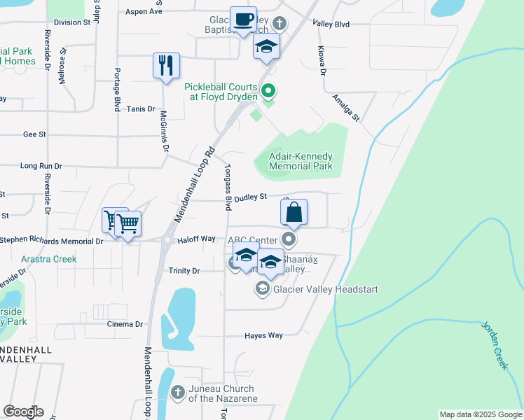 map of restaurants, bars, coffee shops, grocery stores, and more near 8690 Dudley Street in Juneau