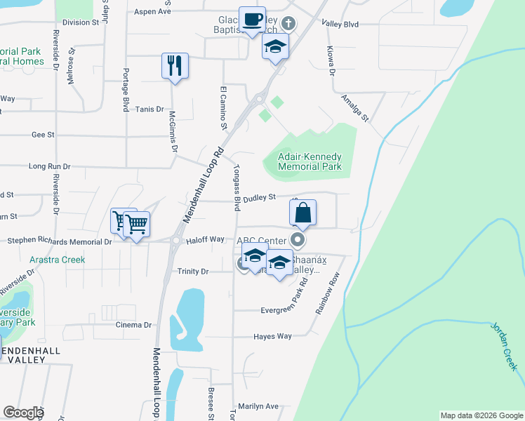 map of restaurants, bars, coffee shops, grocery stores, and more near 8690 Dudley Street in Juneau