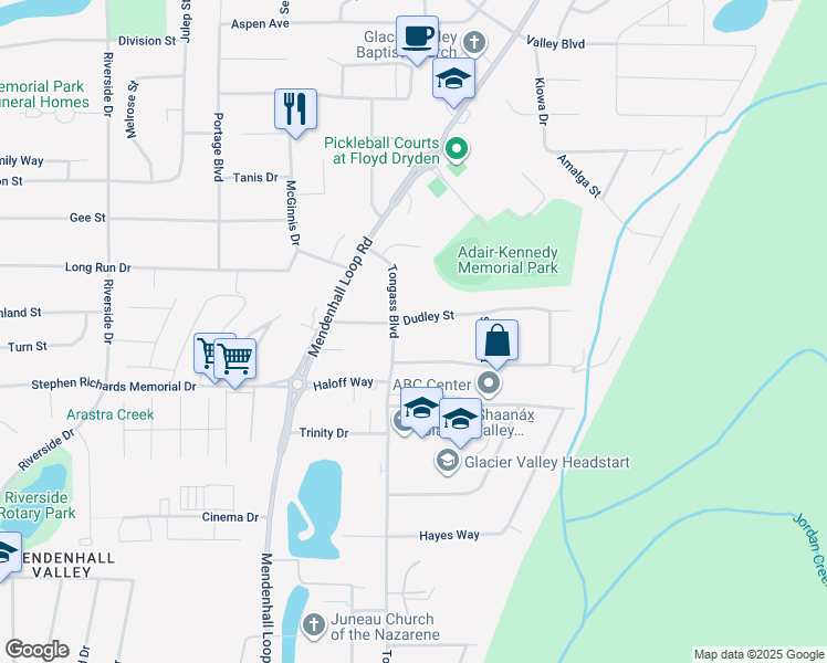 map of restaurants, bars, coffee shops, grocery stores, and more near 8690 Dudley Street in Juneau