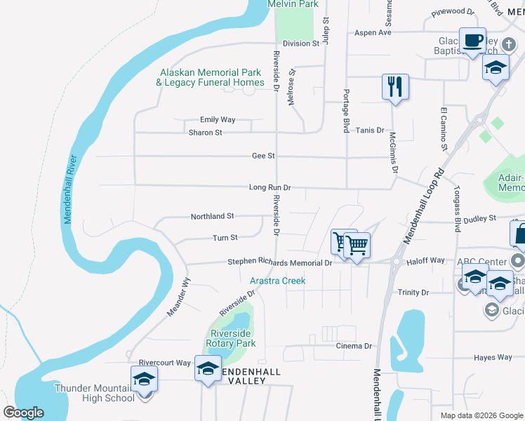 map of restaurants, bars, coffee shops, grocery stores, and more near 9315 Northland Street in Juneau
