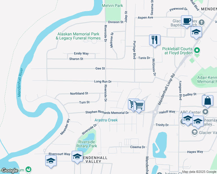 map of restaurants, bars, coffee shops, grocery stores, and more near 9027 Long Run Drive in Juneau