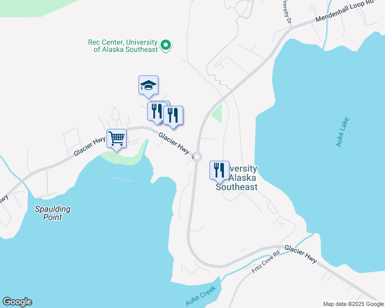 map of restaurants, bars, coffee shops, grocery stores, and more near 11869 Glacier Highway in Juneau