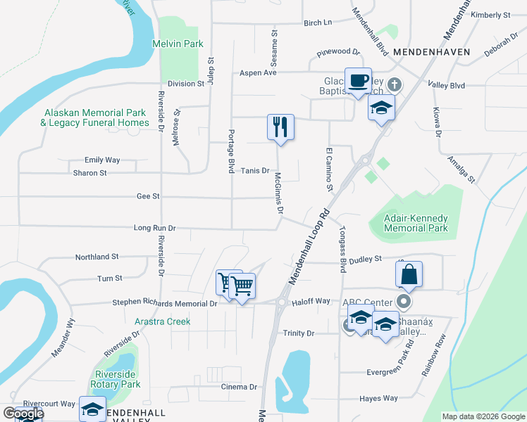 map of restaurants, bars, coffee shops, grocery stores, and more near 8921 Tanis Drive in Juneau