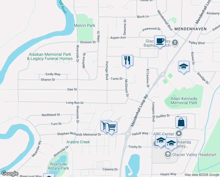 map of restaurants, bars, coffee shops, grocery stores, and more near 8906 Gee St in Juneau