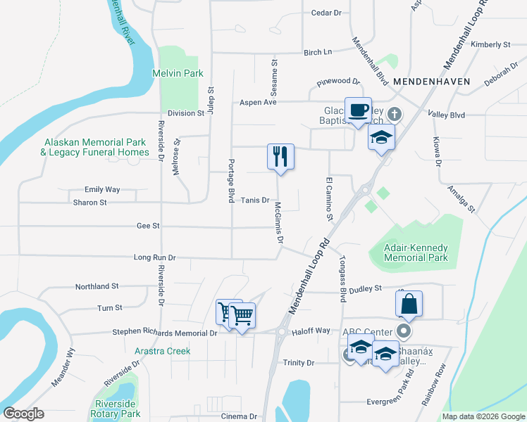 map of restaurants, bars, coffee shops, grocery stores, and more near 8921 Tanis Drive in Juneau