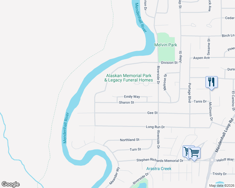 map of restaurants, bars, coffee shops, grocery stores, and more near 9232 Emily Way in Juneau