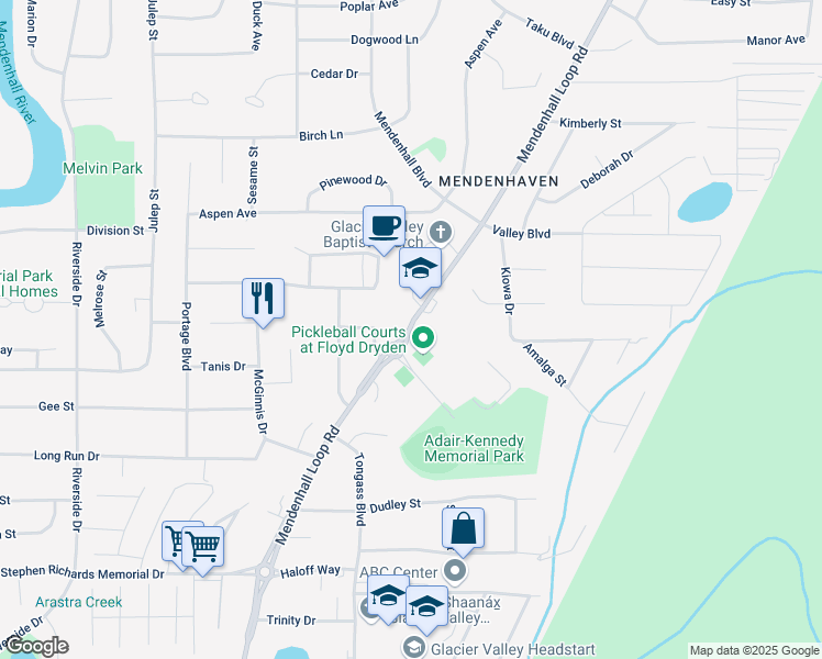 map of restaurants, bars, coffee shops, grocery stores, and more near 3799 Mendenhall Loop Road in Juneau