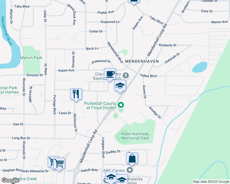 map of restaurants, bars, coffee shops, grocery stores, and more near 3751-3799 Mendenhall Loop Rd in Juneau