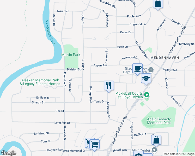 map of restaurants, bars, coffee shops, grocery stores, and more near 8937 Haffner Court in Juneau