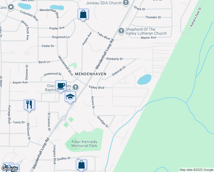 map of restaurants, bars, coffee shops, grocery stores, and more near 8494 Valley Boulevard in Juneau