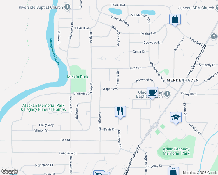 map of restaurants, bars, coffee shops, grocery stores, and more near 4406-4408 Portage Boulevard in Juneau