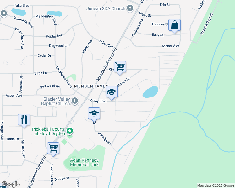 map of restaurants, bars, coffee shops, grocery stores, and more near 4033 Deborah Drive in Juneau