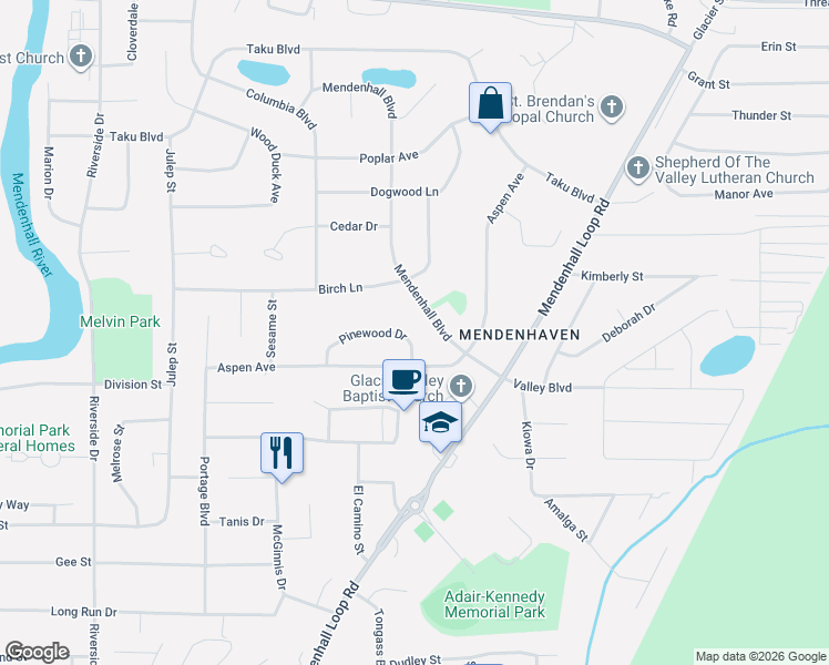 map of restaurants, bars, coffee shops, grocery stores, and more near 8124 Pinewood Drive in Juneau