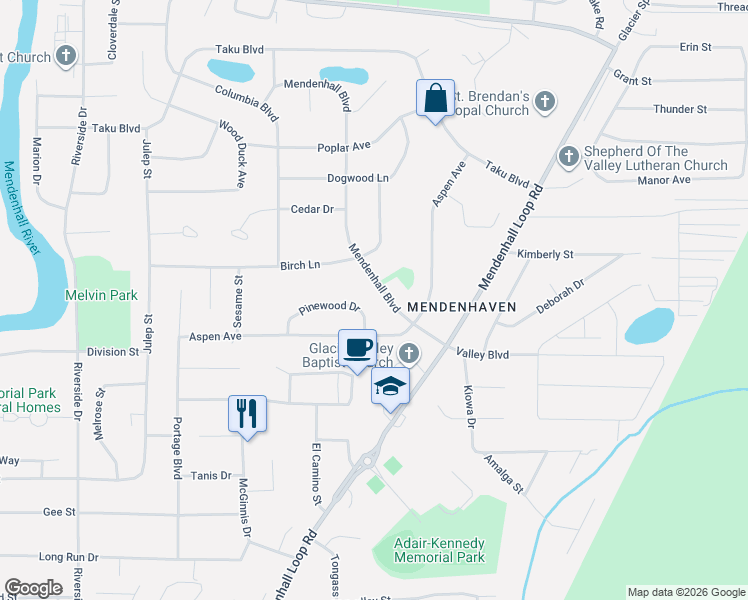 map of restaurants, bars, coffee shops, grocery stores, and more near 8124 Pinewood Drive in Juneau