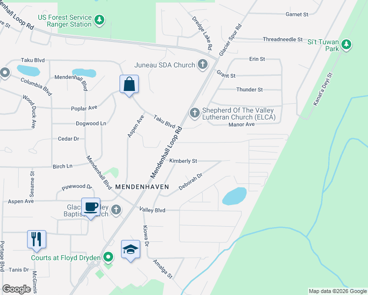 map of restaurants, bars, coffee shops, grocery stores, and more near 8498 Thunder Mountain Road in Juneau