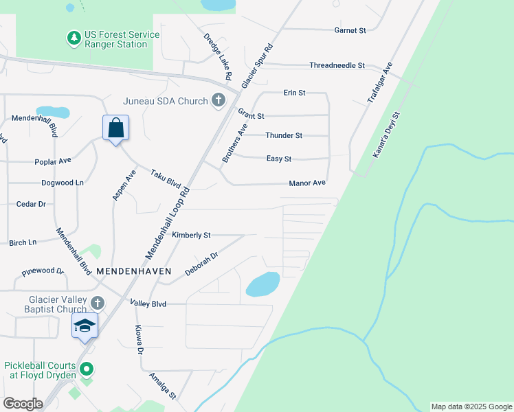 map of restaurants, bars, coffee shops, grocery stores, and more near 8480 Thunder Mountain Road in Juneau