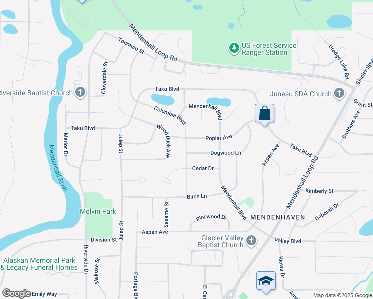 map of restaurants, bars, coffee shops, grocery stores, and more near 3058 Wood Duck Avenue in Juneau