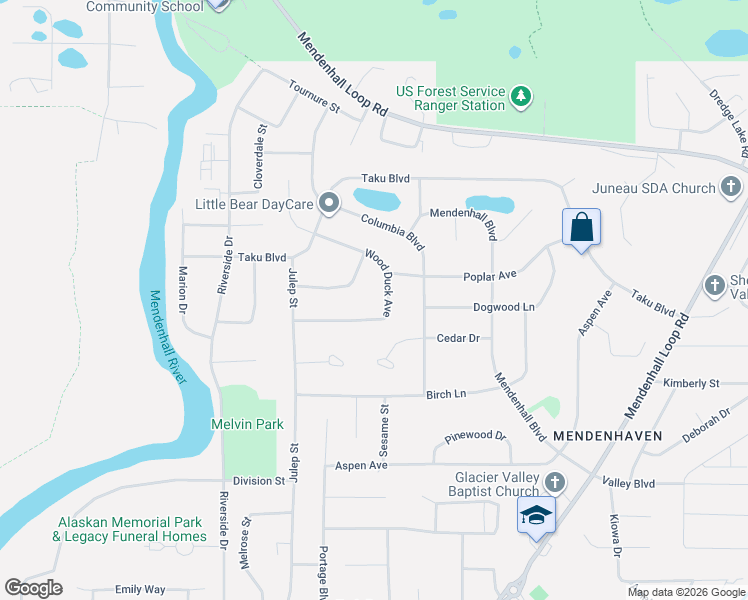 map of restaurants, bars, coffee shops, grocery stores, and more near 3051 Wood Duck Avenue in Juneau
