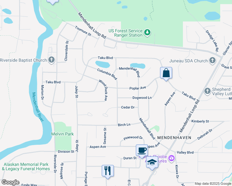 map of restaurants, bars, coffee shops, grocery stores, and more near 3058 Wood Duck Avenue in Juneau