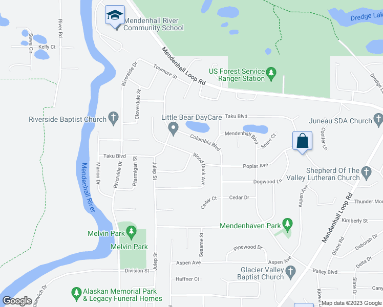 map of restaurants, bars, coffee shops, grocery stores, and more near 4441 Wood Duck Avenue in Juneau