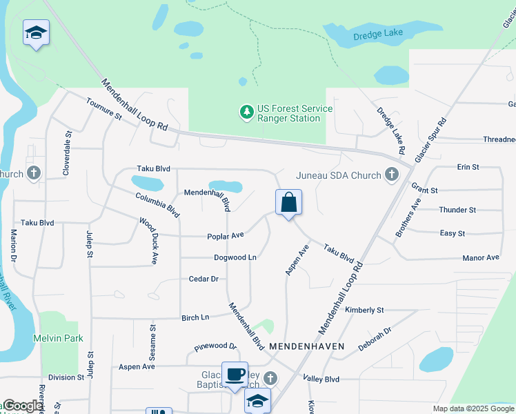 map of restaurants, bars, coffee shops, grocery stores, and more near 8116 Poplar Ave in Juneau
