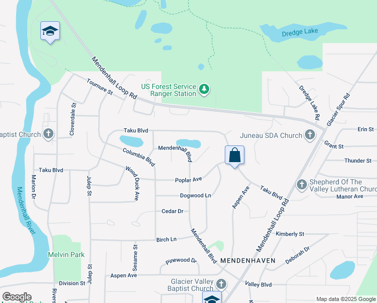 map of restaurants, bars, coffee shops, grocery stores, and more near 4436 Mendenhall Blvd in Juneau