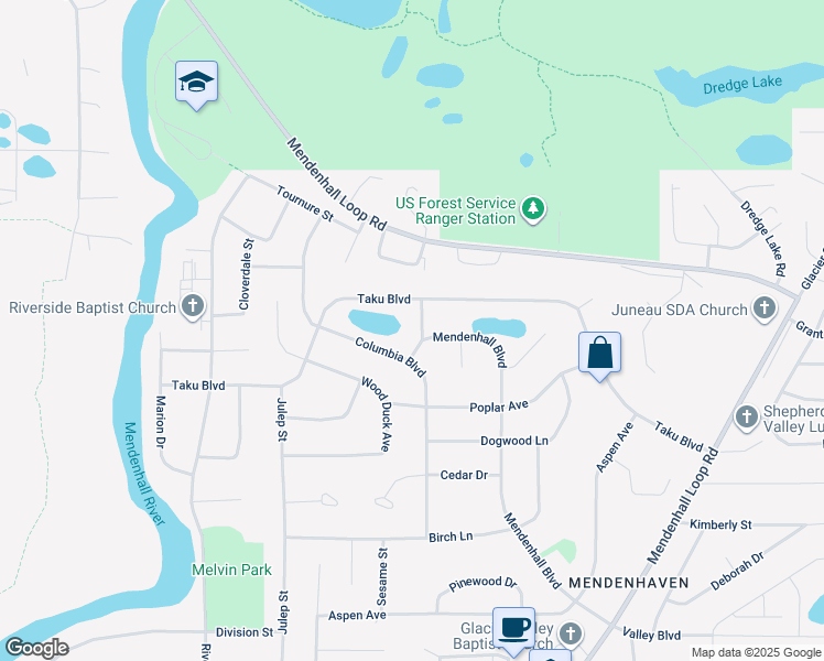 map of restaurants, bars, coffee shops, grocery stores, and more near 4449 Mendenhall Boulevard in Juneau