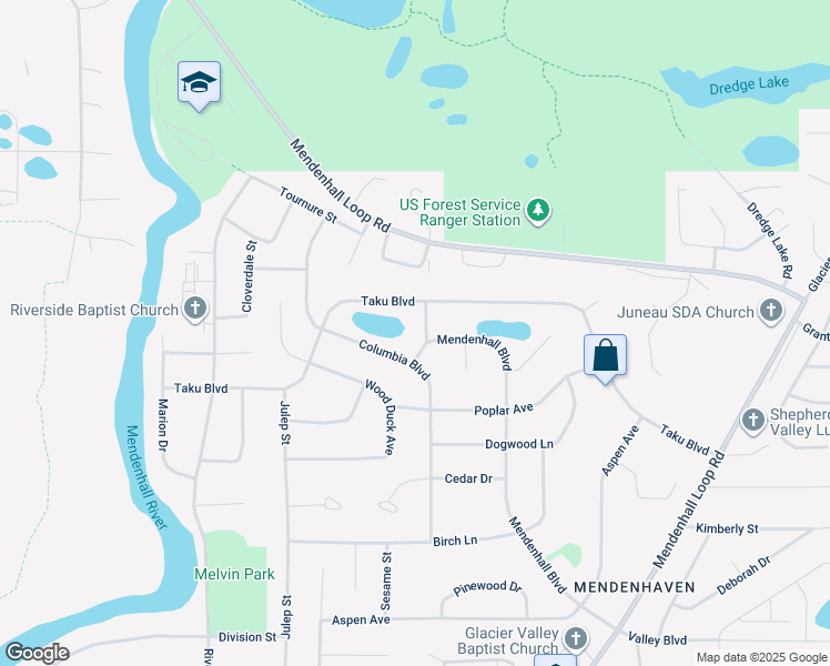 map of restaurants, bars, coffee shops, grocery stores, and more near 4449 Mendenhall Boulevard in Juneau