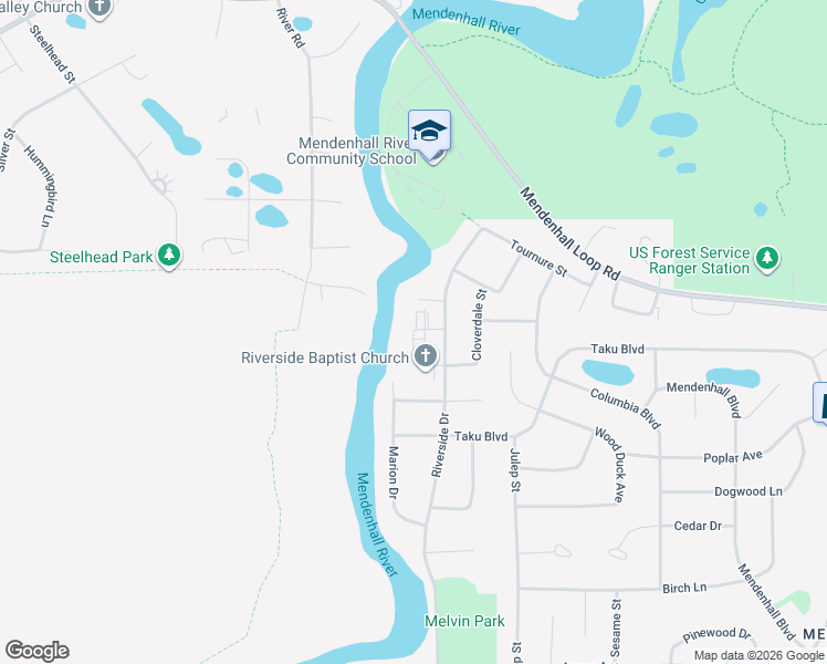 map of restaurants, bars, coffee shops, grocery stores, and more near 9477 Riverbend Court in Juneau