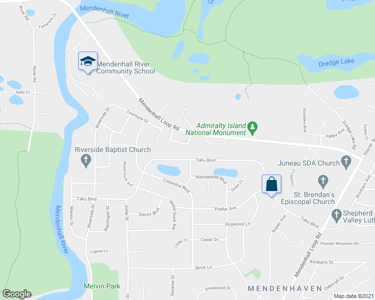 map of restaurants, bars, coffee shops, grocery stores, and more near 8817 Glendale Street in Juneau