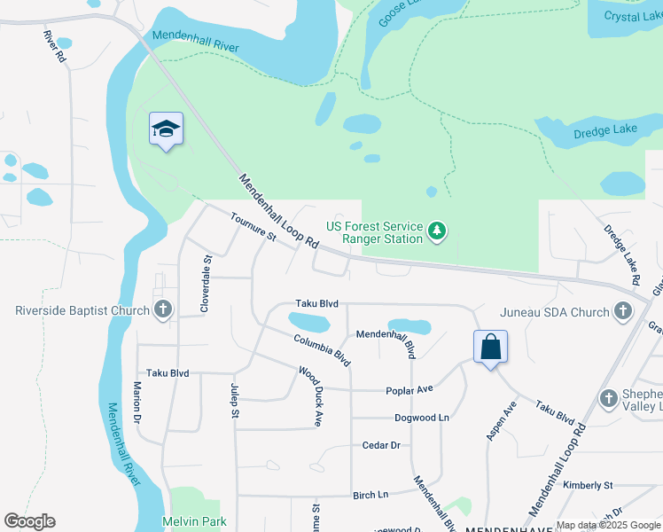 map of restaurants, bars, coffee shops, grocery stores, and more near 8824 Glendale Street in Juneau