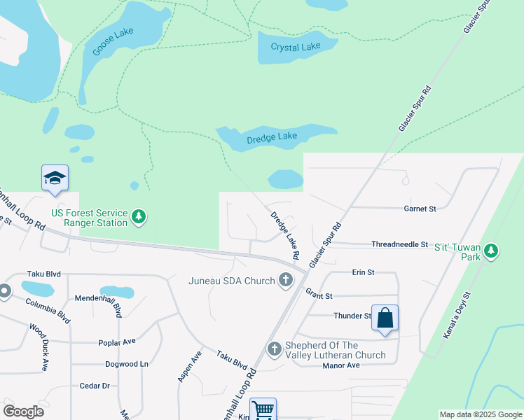 map of restaurants, bars, coffee shops, grocery stores, and more near 4505 Dredge Lake Road in Juneau