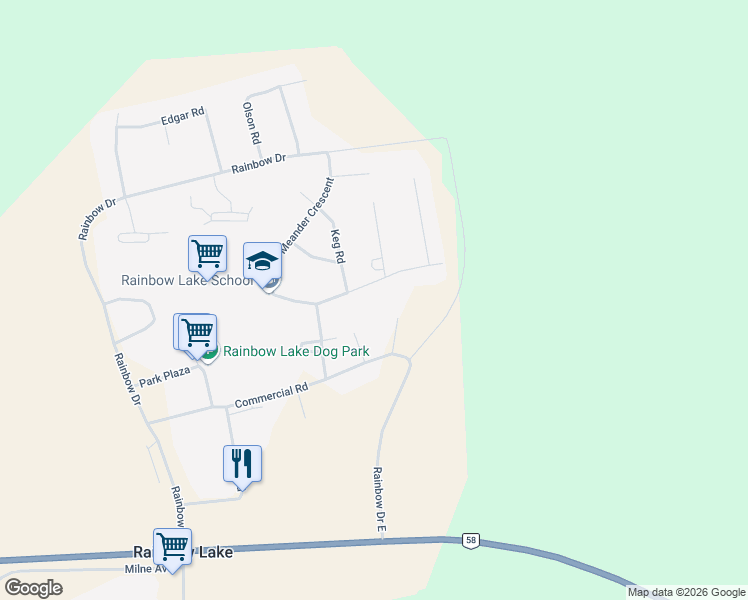 map of restaurants, bars, coffee shops, grocery stores, and more near 19 Chinchaga Crescent in Rainbow Lake