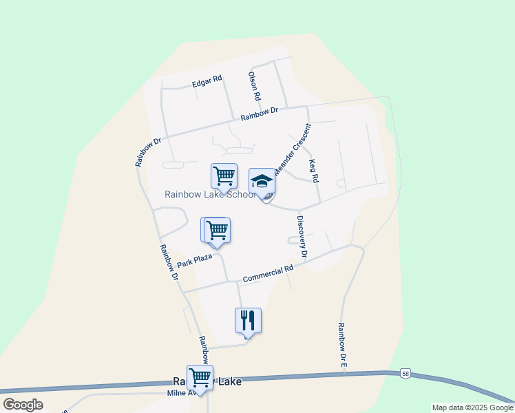map of restaurants, bars, coffee shops, grocery stores, and more near 2 Meander Crescent in Rainbow Lake