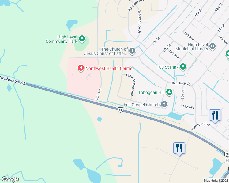 map of restaurants, bars, coffee shops, grocery stores, and more near 37 Chonkolay Drive in High Level