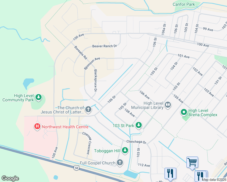 map of restaurants, bars, coffee shops, grocery stores, and more near 10704 106 Street in High Level