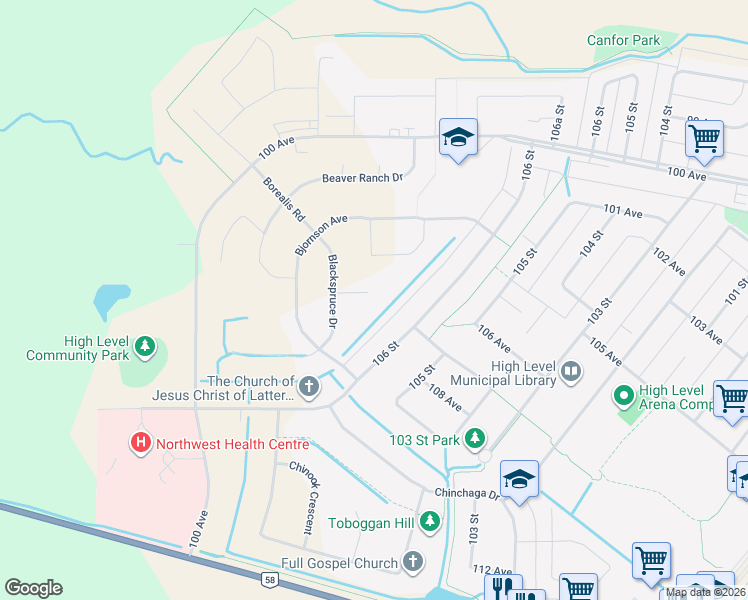 map of restaurants, bars, coffee shops, grocery stores, and more near 10704 106 Street in High Level