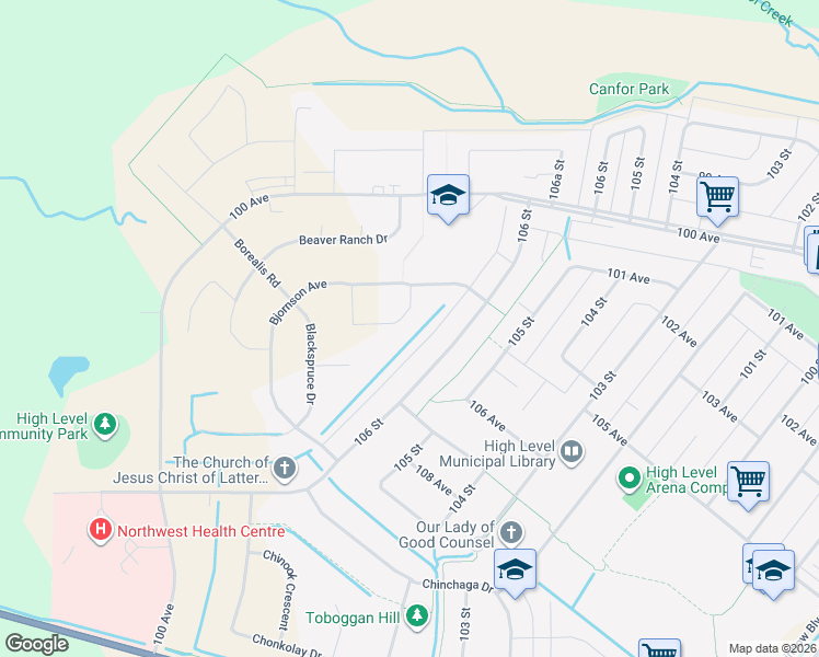 map of restaurants, bars, coffee shops, grocery stores, and more near 7 Bison Crescent in High Level