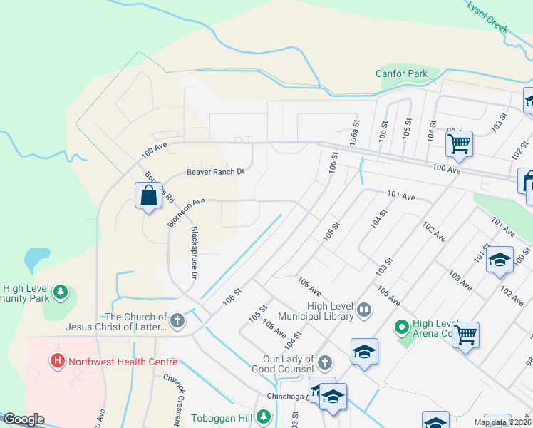 map of restaurants, bars, coffee shops, grocery stores, and more near 7 Bison Crescent in High Level