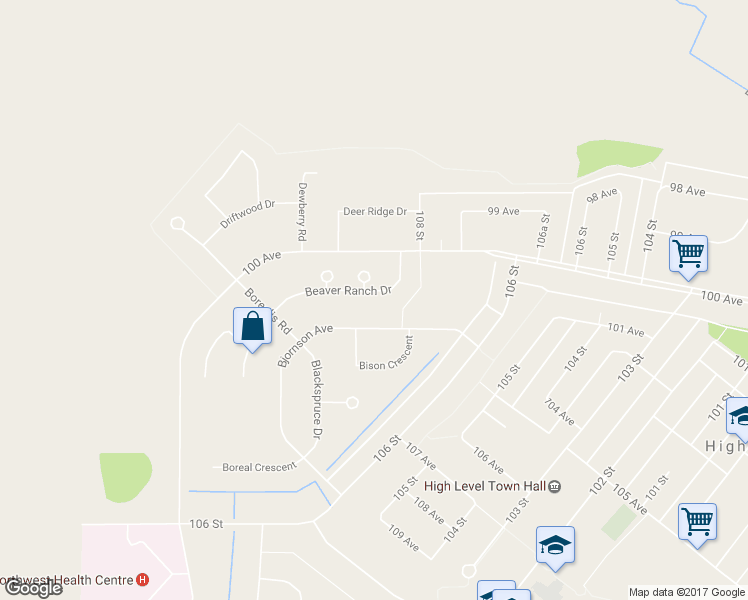 map of restaurants, bars, coffee shops, grocery stores, and more near 21 Beaver Ranch Drive in High Level