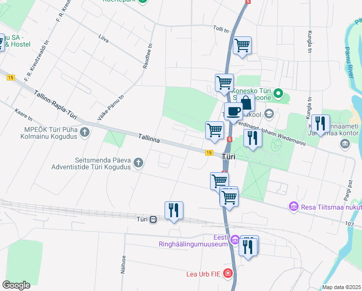 map of restaurants, bars, coffee shops, grocery stores, and more near 14 Tallinn-Rapla-Türi in Türi