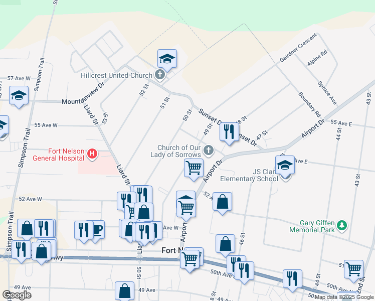 map of restaurants, bars, coffee shops, grocery stores, and more near 5311 49 Street in Fort Nelson