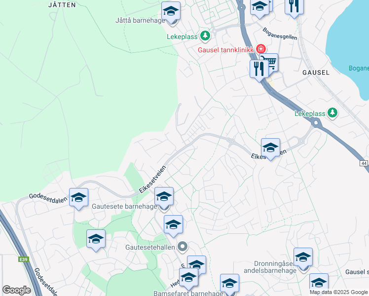 map of restaurants, bars, coffee shops, grocery stores, and more near Eikesetveien in Stavanger