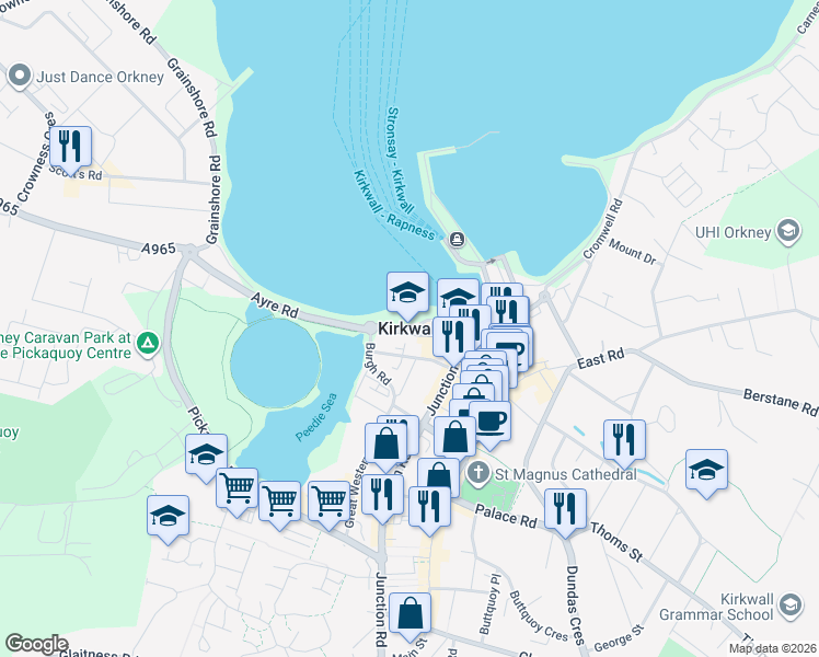map of restaurants, bars, coffee shops, grocery stores, and more near in Kirkwall