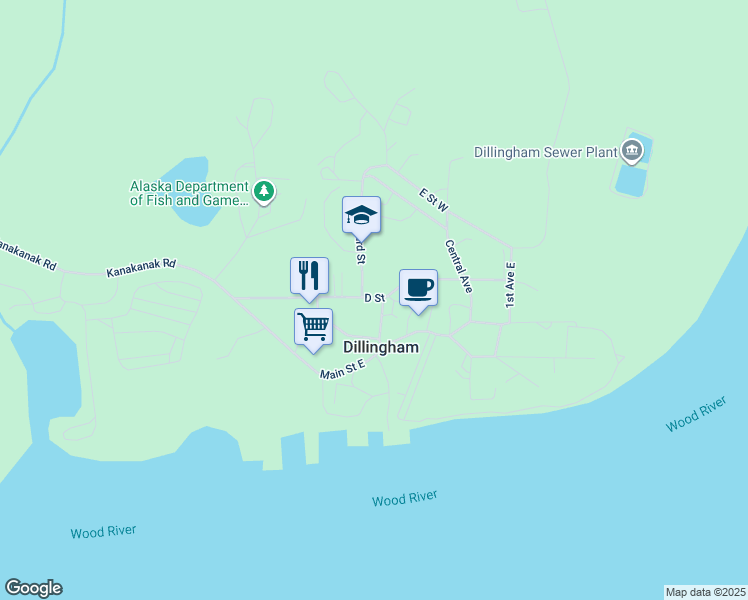 map of restaurants, bars, coffee shops, grocery stores, and more near 315 D Street in Dillingham