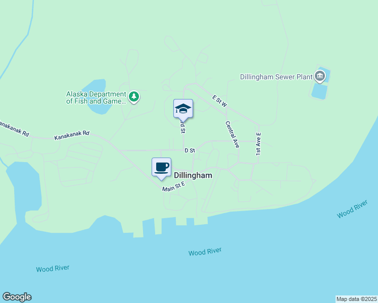 map of restaurants, bars, coffee shops, grocery stores, and more near 315 D Street in Dillingham