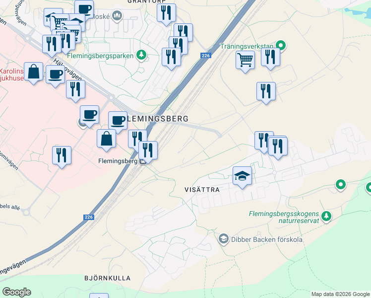 map of restaurants, bars, coffee shops, grocery stores, and more near 3 Björnkullavägen in Huddinge