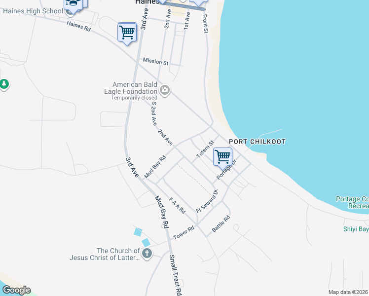 map of restaurants, bars, coffee shops, grocery stores, and more near 57 Mud Bay Road in Haines